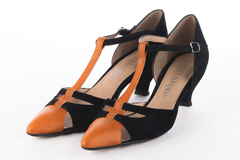 Apricot orange and matt black women's T-strap open side shoes. Tapered toe. Medium spool heels. Front view - Florence KOOIJMAN